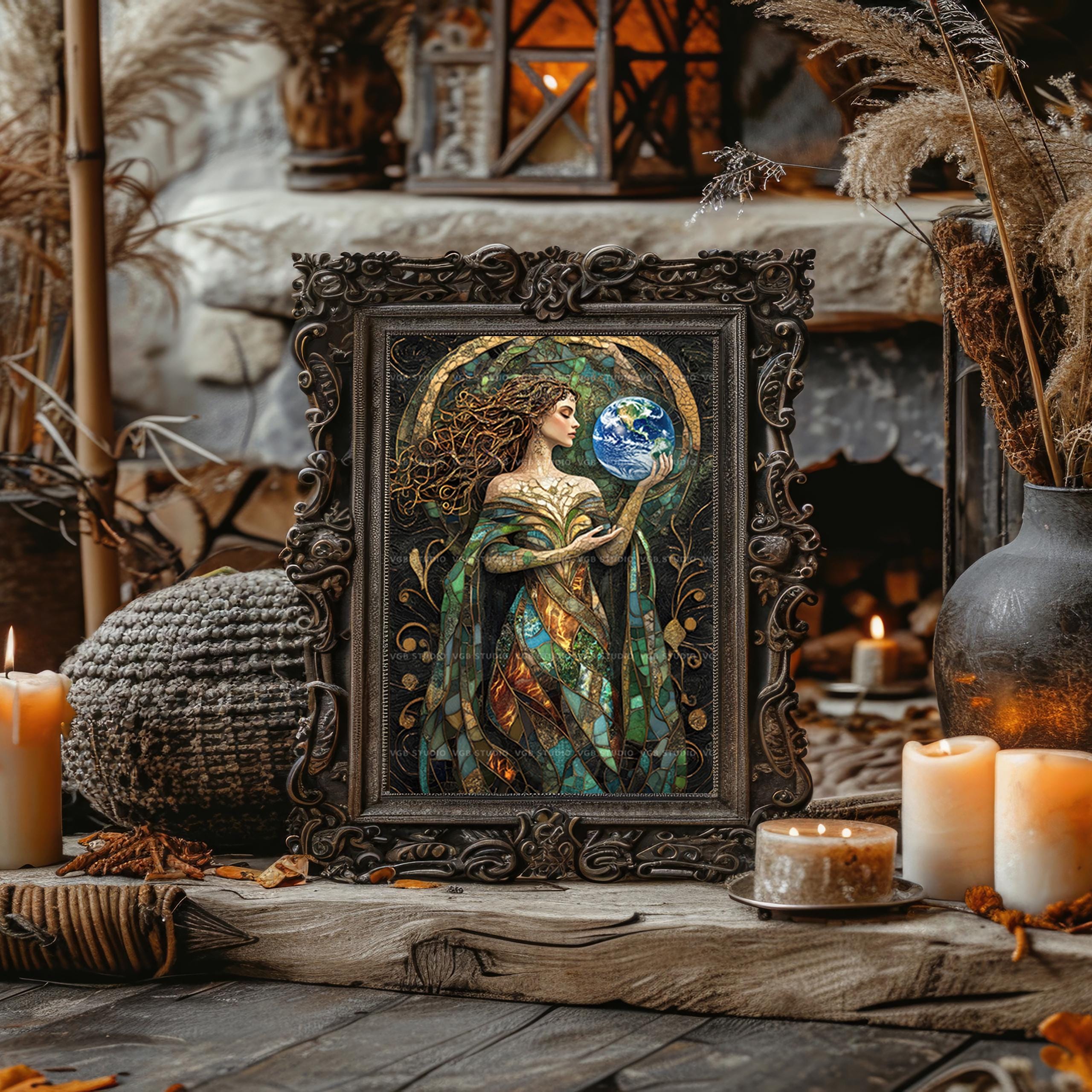 Gaia Stained Glass Mosaic Art Print, Greek Earth Goddess Mother Nature ...