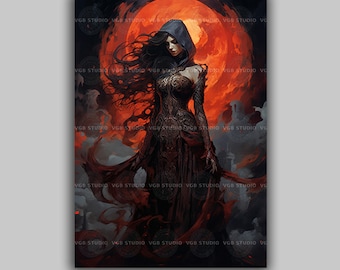 Lilith Wall Art Print, Dark Feminine Goddess of Night and Rebellion, Gothic Demon Queen Portrait, Blood Moon Occult Lilitu Wall Decor H52