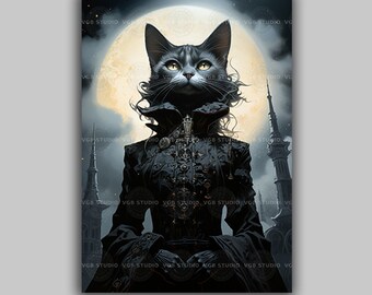 Gothic Black Cat Art Print Full Moon Portrait Elegant Feline Painting Dark Fantasy Style Whimsical Animal Artwork Gift for Cat Lovers H32