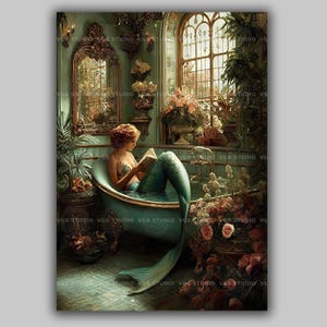 Mermaid Reading in Bathtub Art Print Fantasy Bathroom Decor Vintage Mermaid Wall Art Whimsical Fairytale Illustration Ocean Flowers AF98