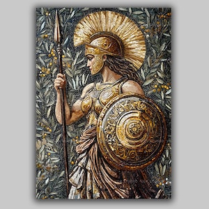 May include: A mosaic artwork depicting a figure in golden armor, holding a spear and shield. The figure wears a helmet with a sunburst design and stands against a backdrop of olive branches. The artwork is a detailed representation of a classical warrior.