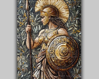 Athena Greek Goddess Wall Art Print, Minerva Wisdom Warrior, Mosaic Greek Mythology Decor, Ancient Helmet Shield Spear, Divine Feminine AH64