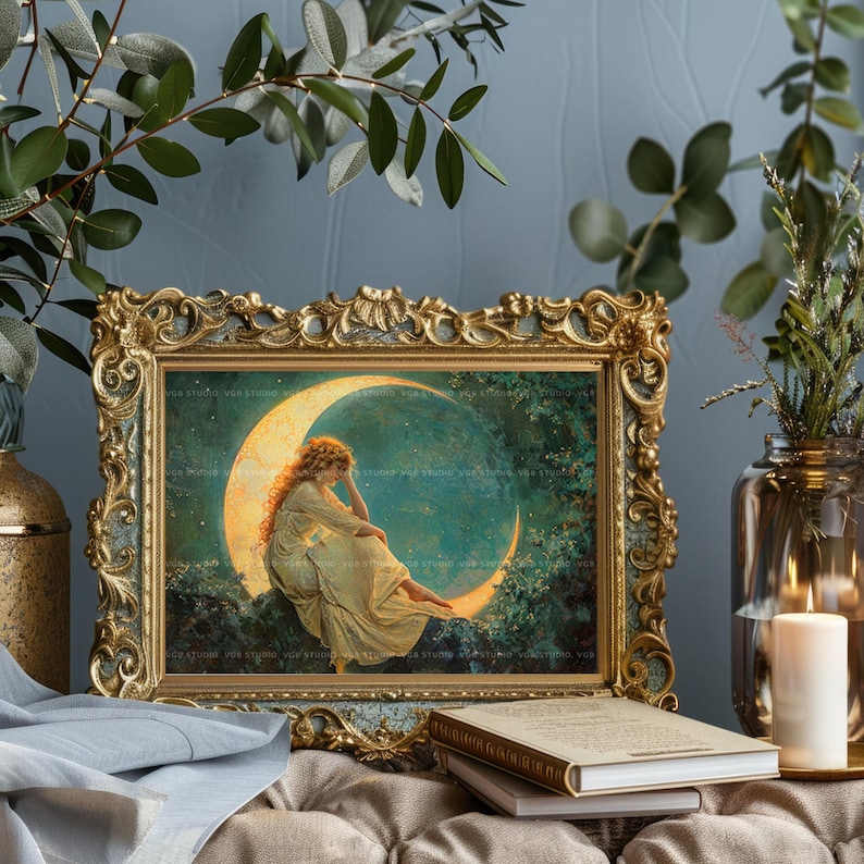 Woman on Crescent Moon Art Print | Celestial Fantasy Wall Decor | Stars Night Sky Dreamy Romantic Victorian Classical Ethereal Painting M75 image 5