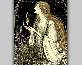 Brigid Celtic Goddess Wall Art Print Irish Mythology Fire Spirit Illustration Art Nouveau Style Enchanted Night Floral Magic Decor AJ46