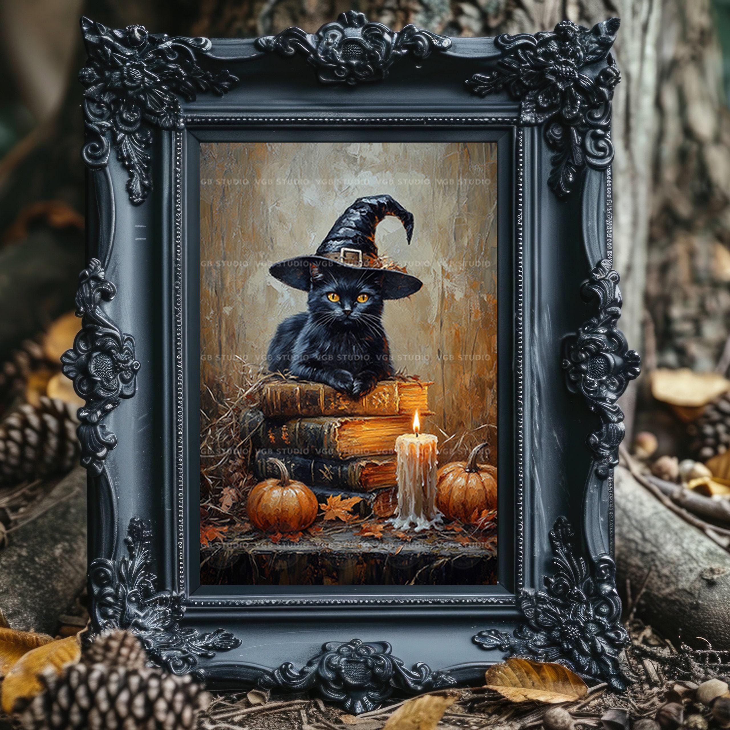 Black Cat Witch Art Print Halloween Spell Books Candle Gothic Autumn ...