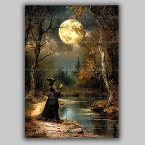 Witch in Forest Moonlight Art Print Full Moon Autumn Magic Candle Ritual Woodland Gothic Pagan Witchcraft Illustration Wall Poster w88