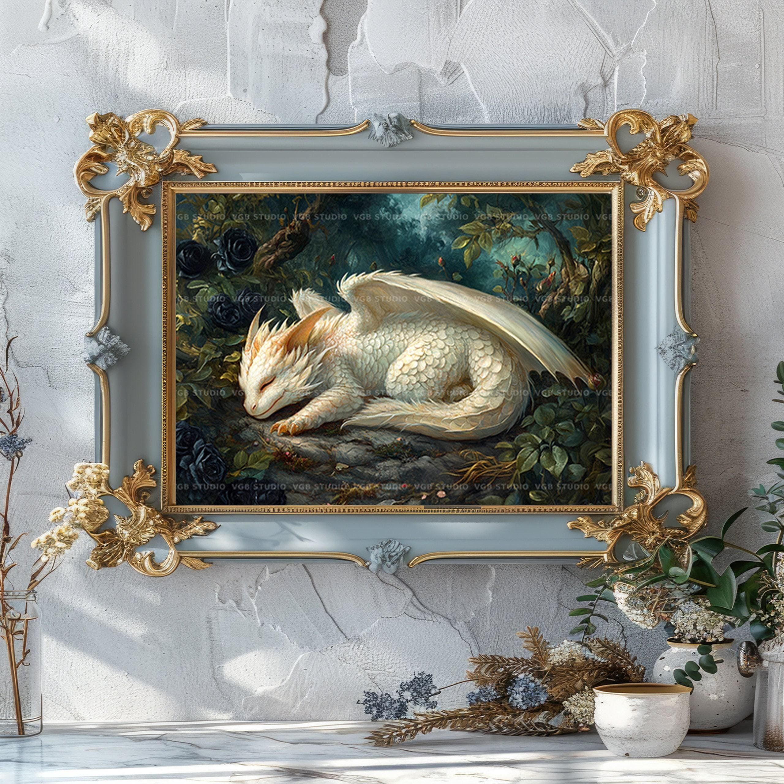 Sleeping White Baby Dragon Art Print Cute Fantasy Creature in Rose