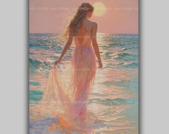 Aphrodite Art Print, Greek Goddess of Love Ocean Sunset, Venus Sea Beauty Poster, Divine Feminine Mythology, Romantic Beach Wall Decor x19