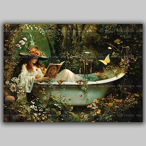 Witch Bathtub Reading Enchanted Forest Print, Fantasy Whimsical Witchy Baroque Style Painting, Light Academia Cottagecore Artwork r22