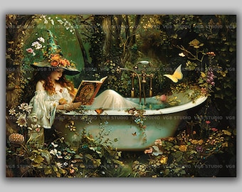 Witch Bathtub Reading Enchanted Forest Print, Fantasy Whimsical Witchy Baroque Style Painting, Light Academia Cottagecore Artwork r22
