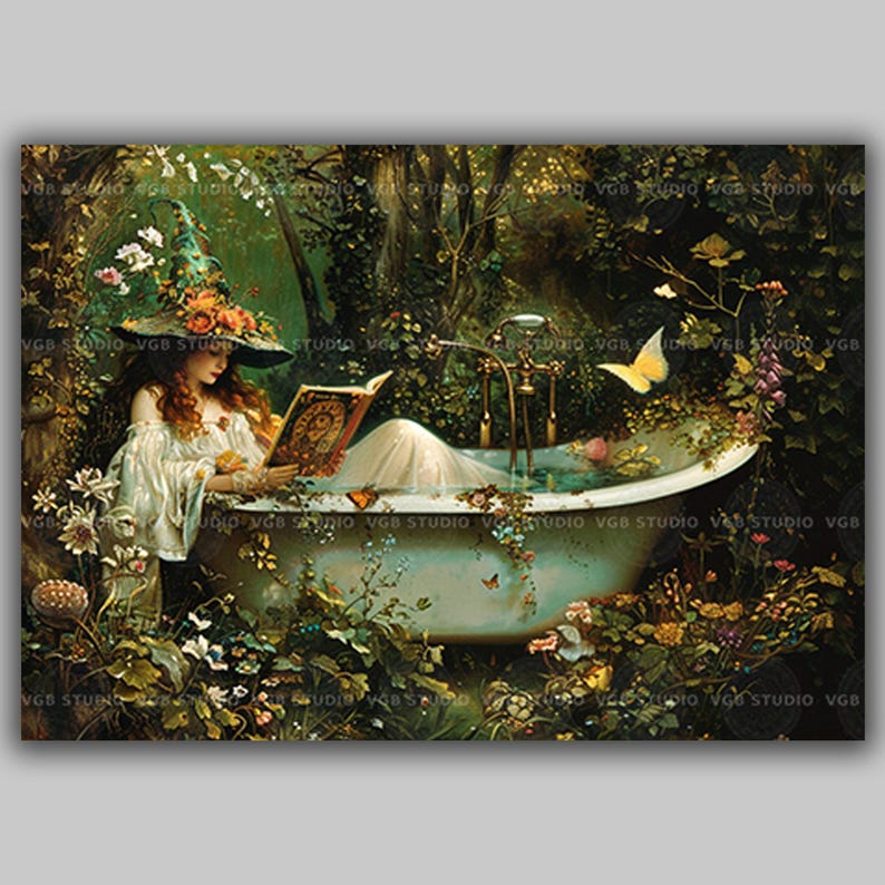 Witch Bathtub Reading Enchanted Forest Print, Fantasy Whimsical Witchy ...