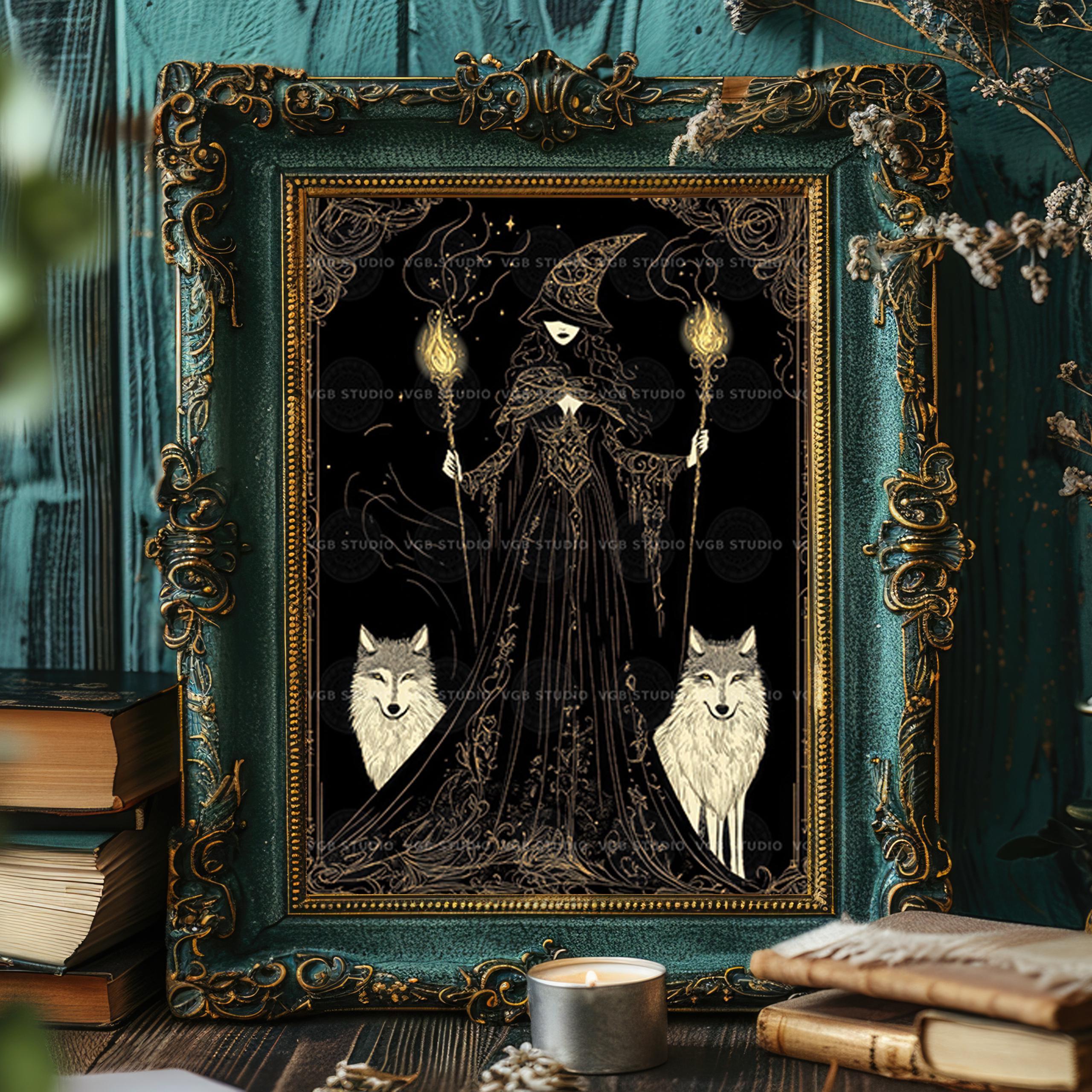 Hecate Art Print, Veiled Greek Goddess With Twin Torches and White