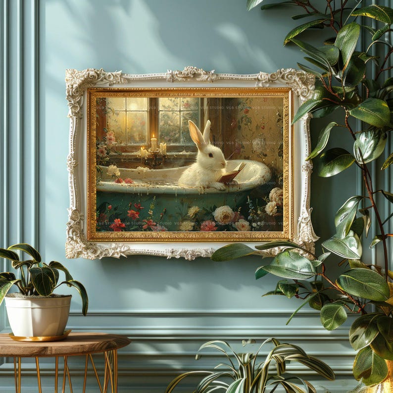 Whimsical Bunny Art Print Rabbit in Bathtub Reading Vintage Cottagecore Bathroom Decor Cozy Animal Illustration Floral Pastel Wall Art S06 image 8