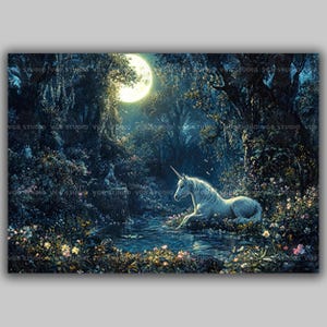 Moonlight Unicorn Wall Art Fantasy Forest Print Magical Animal Art Enchanted Garden Artwork Fairytale Unicorn Poster Glowing Forest Art AG10