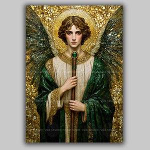 May include: A digital art print depicting an angel with a golden halo and wings. The angel is dressed in a white and gold robe, with a green cloak. The angel holds a staff with a green gem. The background is a mosaic of gold and green.