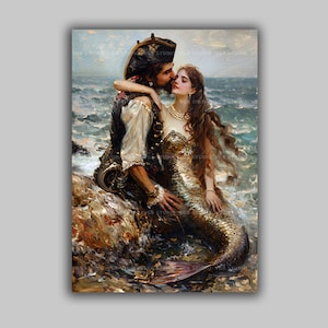 Pirate and Mermaid Art Print Romantic Fantasy Ocean Love Nautical Wall Decor Mythical Couple Painting Fairytale Beach Scene Seaside Home p67