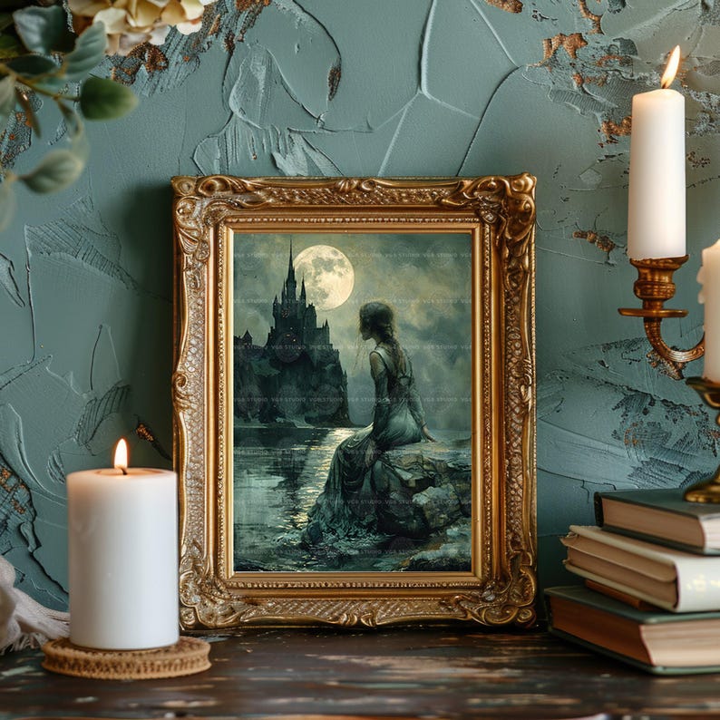 Full Moon Castle Wall Art Print, Dark Academia Poster, Victorian Goth, Moody Home Decor, Fantasy Gifts, Spooky Aesthetic, Medieval Lady M58 image 5