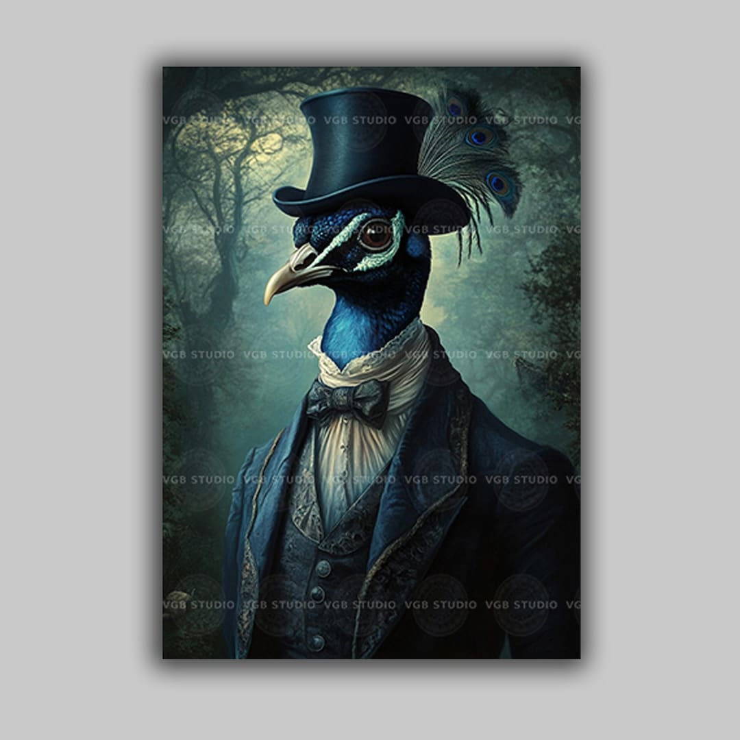 Victorian Peacock Wall Art Print, Dapper Bird Portrait in Top Hat, Dark ...