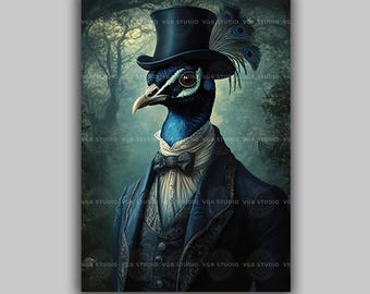 Peacock Wall Art Print, Dark Academia Style, Victorian Gothic Decor, Bird Lover Gift, Whimsical Animal Painting, Historical Portrait s97