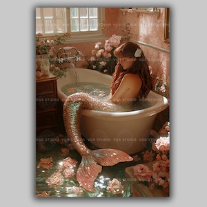 Romantische zeemeermin Art Print betoverde badscène met bloemen en zacht licht Grillige oceaan fantasiekunstwerk vrouwelijk mythisch huisdecor (Y25)