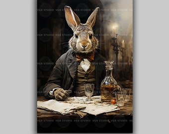 Victorian Rabbit Art Print Dapper Gentleman Bunny in Suit with Whiskey Whimsical Animal Portrait for Dark Academia or Vintage Bar Decor D18