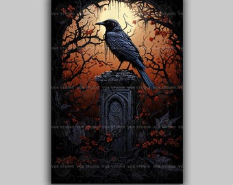 Gothic Raven Art Print, Dark Academia Crow Wall Decor, Black Bird Floral Art Nouveau Moonlit Graveyard, Witchy Halloween Oddities Gift E06