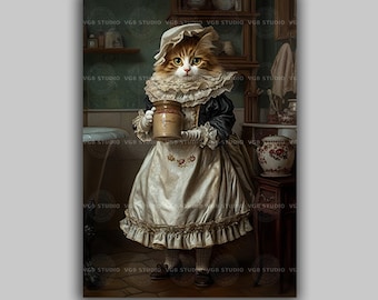 Cat Maid Wall Art Print, Victorian Decor, Animal Portrait, Whimsical Painting, Cottagecore Aesthetic, Bathroom Posters, Dark Academia t42