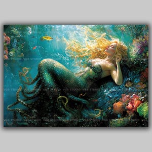 Octopus Mermaid Art Print Underwater Fantasy Woman Ocean Tentacles Surreal Sea Goddess Colorful Coral Mythical Siren Wall Decor AD89
