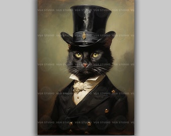 Top Hat Black Cat Victorian Artwork, Gothic Gentleman Portrait Painting, Dark Academia Baroque Whimsical Feline Whimsical Art H57