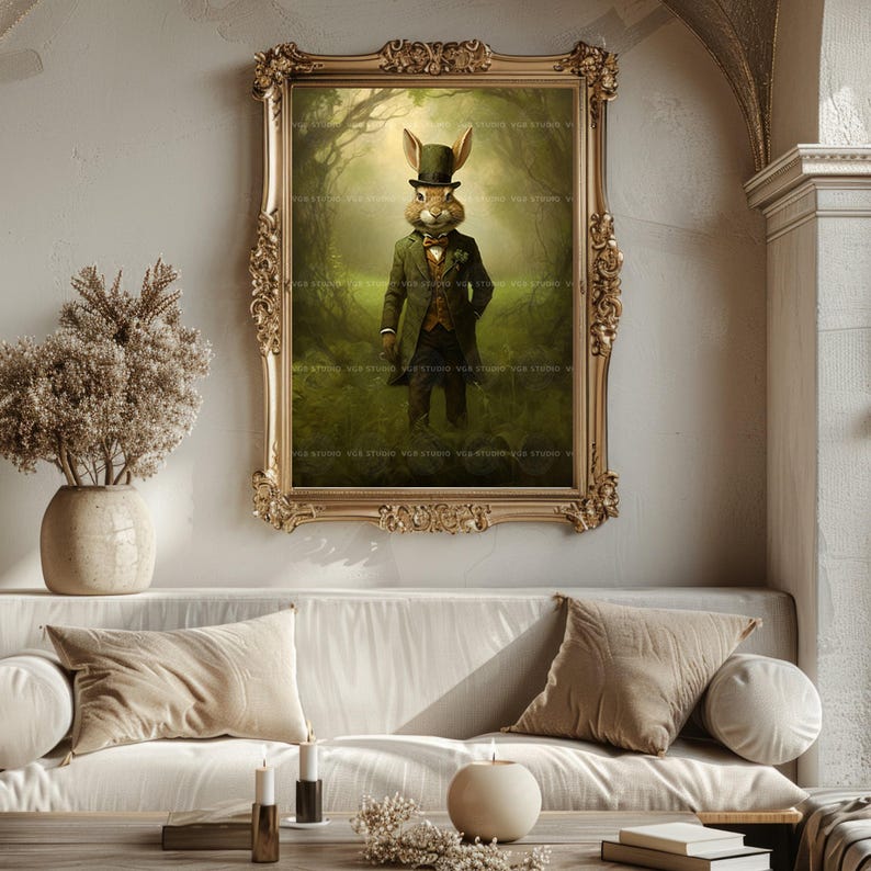 Impresión artística de conejo vintage, póster de liebre victoriana, decoración de Alicia en el País de las Maravillas, arte de pared de animales para guardería, decoración del Día de San Patricio, caballero irlandés J33 imagen 7