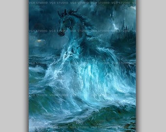Kelpie Art Print, Scottish Water Horse Rising from a Stormy Sea, Celtic Folklore Shapeshifter, Teal Turquoise Dark Fantasy Decor AN33