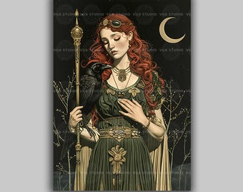 The Morrigan Celtic Goddess Art Print, Morrighan Raven Queen, Irish Mythology Moon Poster, Art Nouveau Pagan Altar Decor, Dark Feminine q05
