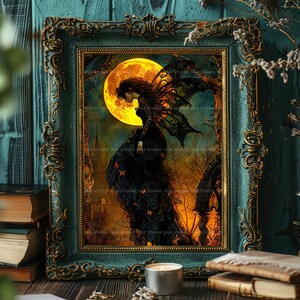 Gothic Fairy Art Print, Victorian Fae in Black Lace Under Harvest Moon, Church Spire and Copper Butterflies, Whimsigoth Halloween Decor q94 image 8