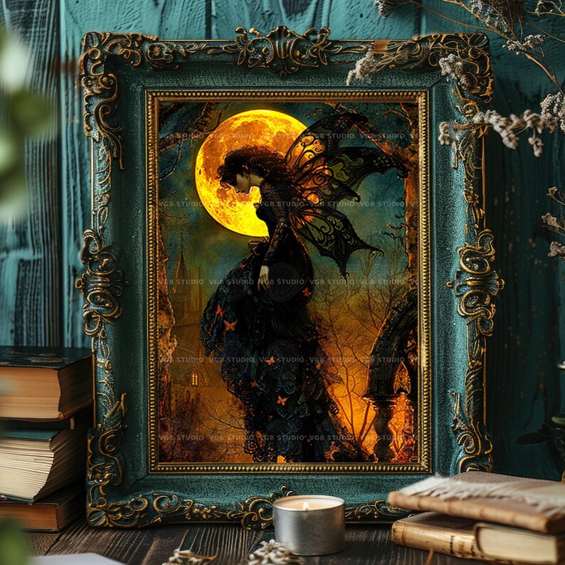 Gothic Fairy Art Print, Victorian Fae in Black Lace Under Harvest Moon, Church Spire and Copper Butterflies, Whimsigoth Halloween Decor q94 image 8