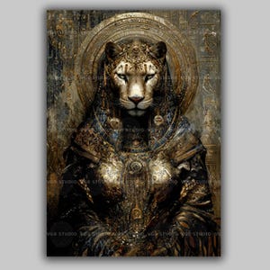 May include: A detailed print depicting a lioness in elaborate golden armour and a crown, set against a textured, aged backdrop. The artwork has a vintage aesthetic, with intricate details and a majestic presence. The image has the text "VGB STUDIO".