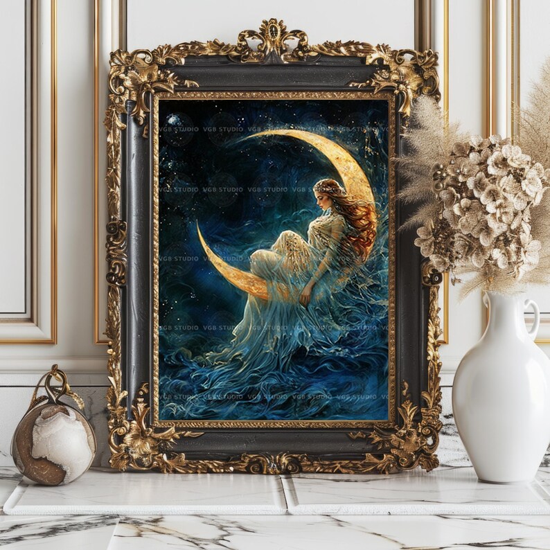 Selene maan godin Wall Art Print wassende maan hemelse decor Griekse mythologie poster goddelijke vrouwelijke spirituele kunst Dark Academia Lunar 23 afbeelding 7