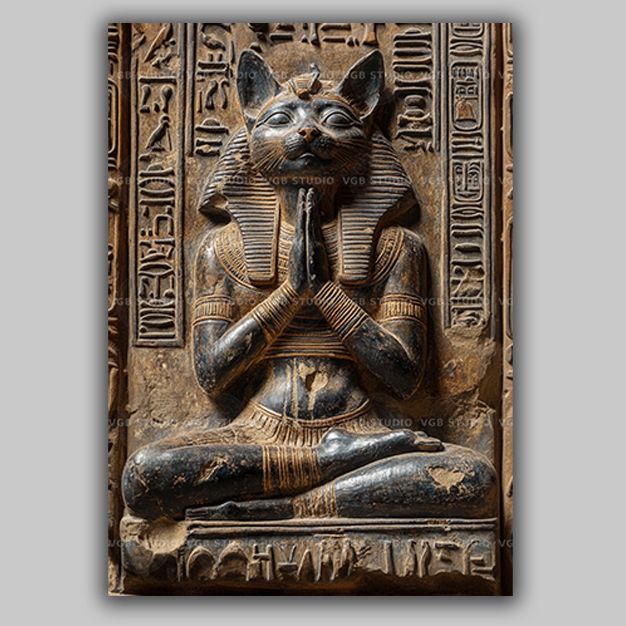 Bastet Egyptian Cat Goddess Wall Art Print Ancient Stone Relief