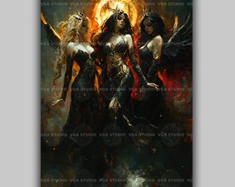 Furies Erinyes Goddesses Vengeance Justice Retribution Greek Mythology Triad Winged Sisters Halo Fire Occult Pagan Wall Art Print AE33