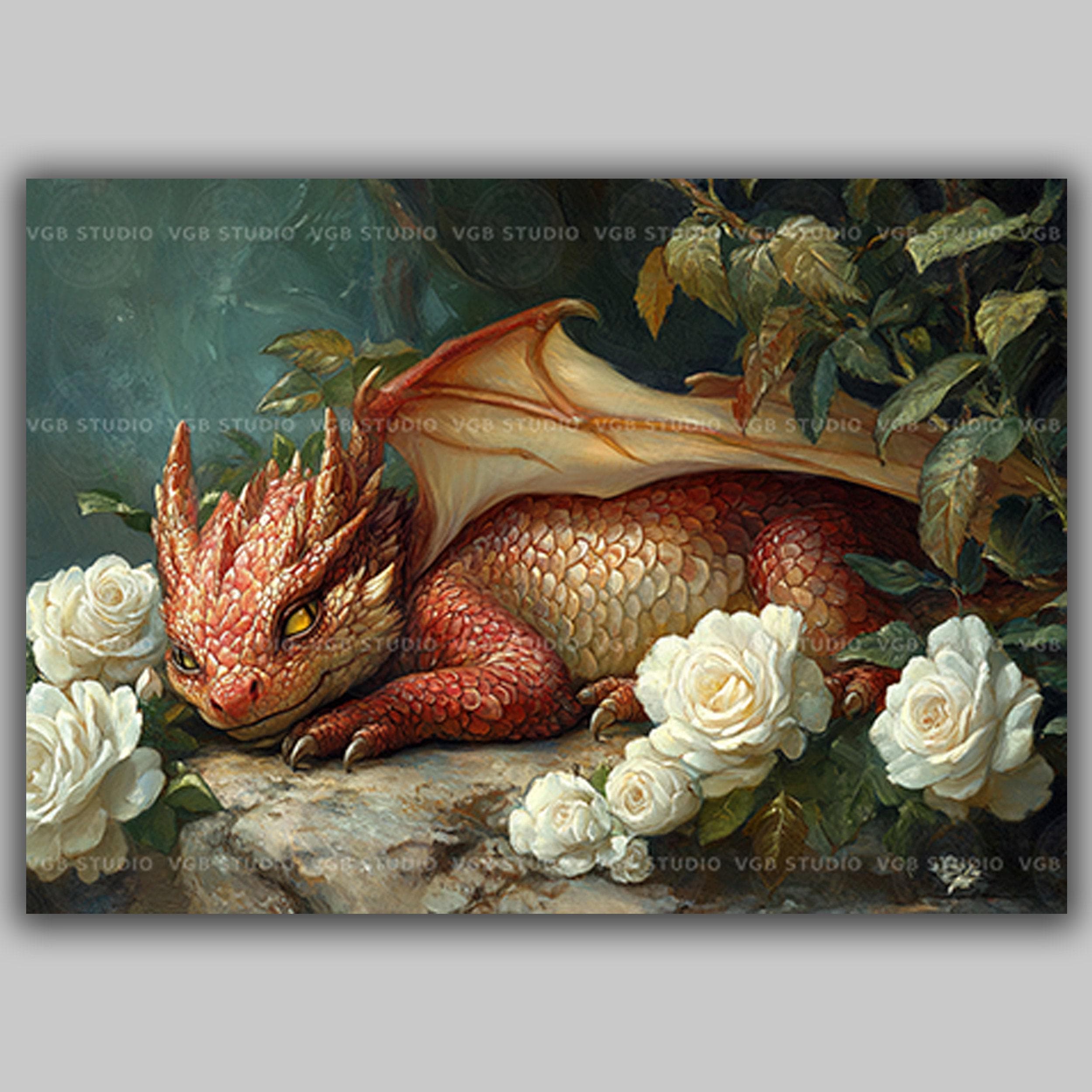 Red Baby Dragon Print Fantasy Nursery Art Cute Dragon With Roses