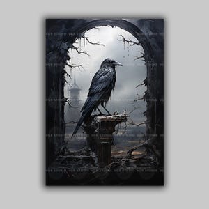 Raven Art Print, Gothic Crow Wall Decor, Dark Academia Bird Painting, Moody Black Corvid Poster, Victorian Cathedral Ruins Illustration D90
