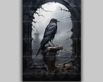 Gothic Raven Art Print, Dark Fantasy Crow in Ruined Archway, Edgar Allan Poe geïnspireerde vogel muurdecoratie, occult noir raaf illustratie D90