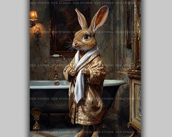 Victorian Rabbit Bathroom Wall Art Print, Funny Bunny Bath Decor Hare Portrait Painting, Whimsical Animal Dark Academia Style AK29