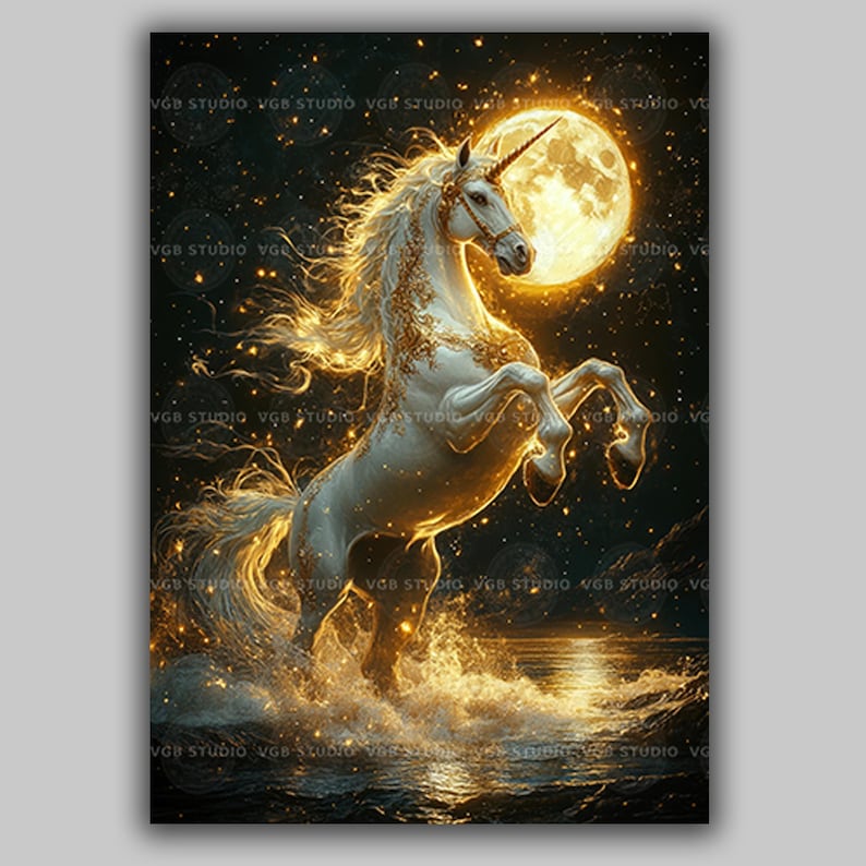 May include: A digital art print of a white unicorn rearing up in water, illuminated by a golden light. A full moon shines brightly behind the unicorn, with a dark starry sky background. The unicorn has a golden horn and mane.