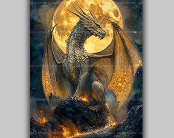 Drachen-Wandbild, Himmelsdeko, Fabelwesen, Goldener Vollmond, Vergoldete Flügel, Dunkle Fantasy, Sternennacht und feuerbeleuchtete Felsen AK02