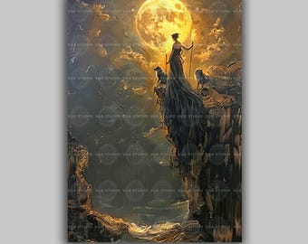 Hecate Cliffside Wall Art Print Greek Goddess Twin Torches Wolves Full Moon Impasto Oil Painting Witchcraft Pagan Altar Decor M43