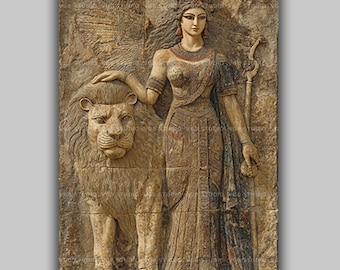 Ishtar Goddess Wall Art Print, Inanna Queen of Heaven, Mesopotamian Love War Deity, Babylonian Lion Relief, Ancient Pagan Decor AG07