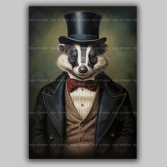 Badger Art Print Victorian Animal Portrait Wall Decor Whimsical Dapper Top Hat Bow Tie Fantasy Gift Quirky Pet Lover Unique Poster D98
