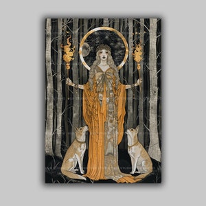 Hekate Hexerei Nacht Griechische Göttin Jugendstil Scheideweg Magische Hekate Vollmond Fackeln Mit Hunden, Witchy Pagan Esoterische Kunst q62