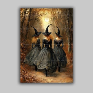 Three Witches Art Print Witch Trio Wall Decor Autumn Forest Wicca Halloween Aesthetic Gothic Witchy Home Pagan Gift Vintage Style Poster w03