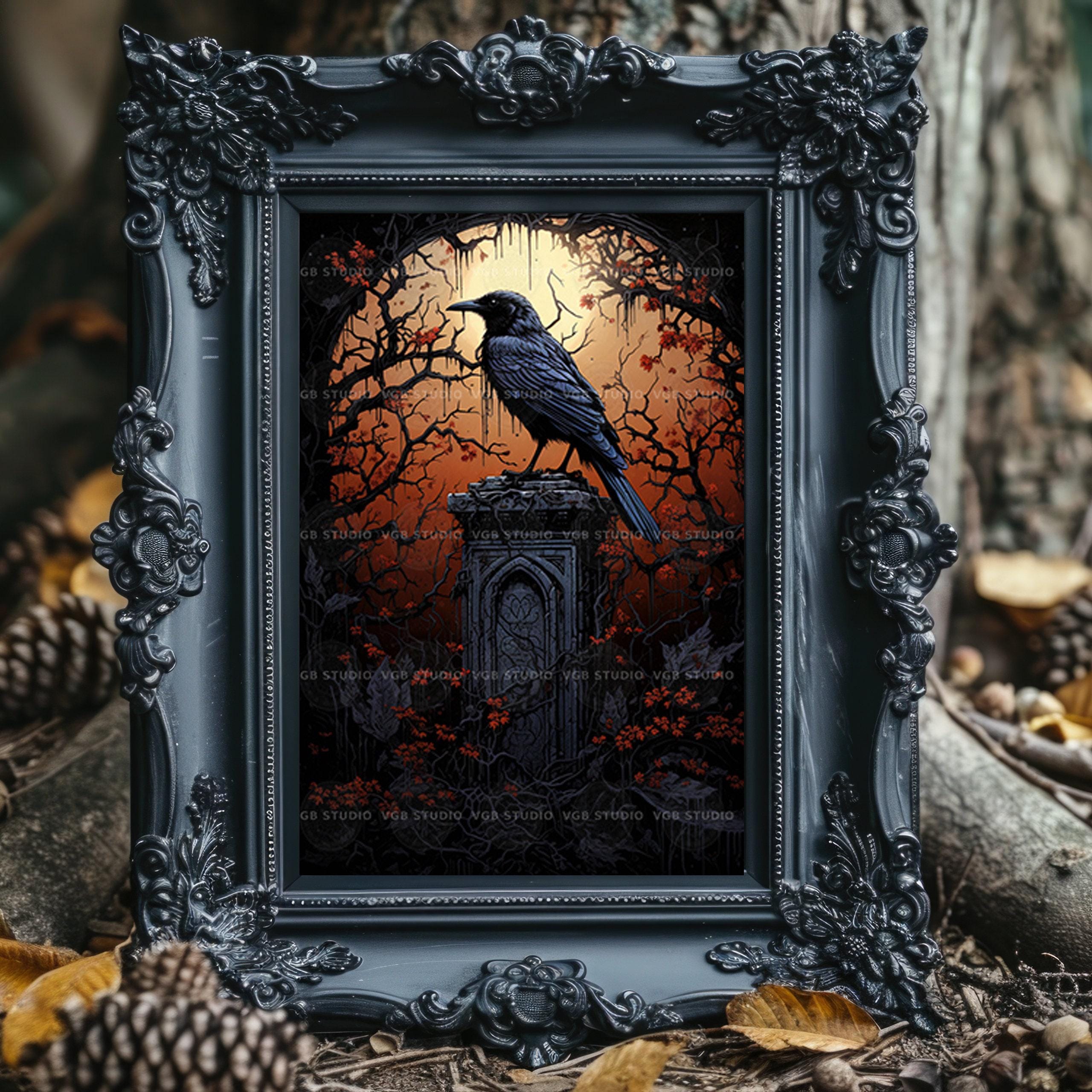Gothic Raven Art Print, Dark Academia Crow Wall Decor, Black Bird